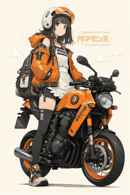 <lora:LCMV2-PONYplus-PAseer:1>
 <lora:AniMoto:0.75>
1girl, artist name, bag, bangs, bare arms, bare shoulders, black dress, black hair, black legwear, blunt bangs, border, brown footwear, clothes writing, cloud, emblem, english text, expressionless, eyebrows visible through hair, from side, gloves, ground vehicle, hat, helmet, hood, jacket, logo, long hair, long sleeves, looking at viewer, maid, medium hair, motor vehicle, motorcycle, motorcycle helmet, on motorcycle, orange jacket, rainbow background, riding, shoes, shorts, signature, sitting, skirt, smile, solo, standing, tan background, thighhighs, vehicle focus, white apron, white footwear, white headwear