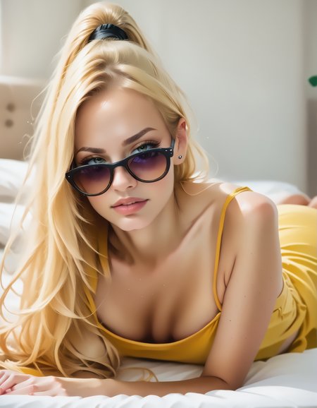 score_9, score_8_up, score_7_up, lofwes, front view, (slim 25yo girl) in yellow short dress is laying on elbows on a redcouch.  long blonde ponytail  
 <lora:LyingOnFrontWithElbowSupportPony:1>