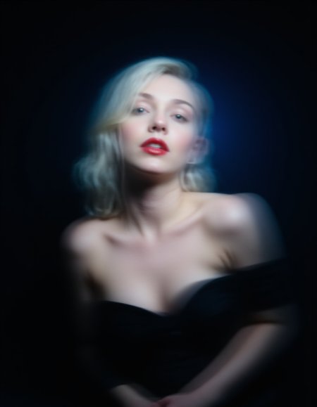 music album cover of a blurry image of a women, blonde hair, red lips, motion blue, black background,  <lora:CinematicStyleFlux_v1:1>   <lora:FLUX.1d_-_Blurry_Photos:1> blurfoto