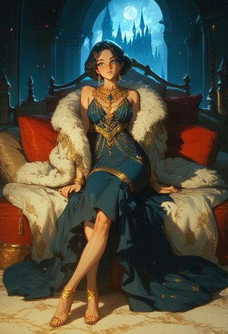 score_9, score_8_up, score_7_up, perfecteyes, grey-blue eyes,pillow   night, woman,full body ,gold jewellery, castle,dress  fluff, A shawl around my shoulders,  baroque