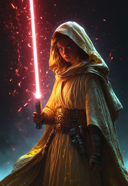 Young and beautiful Jedi Girl, in a extremely dark environment, barely illuminated only by his yellow lightsaber,, Grunge, Hyperrealism, Overhead Lighting, RGB Lighting, Sony A7R IV, Ultra Wide Angle Lens, Dark Colors, Gold, Liquid Crystal, Optical Fiber, Fantasy, Quasar Quilt Backdrop, Prism Effect, 8k, By Roy Lichtenstein, midjourneyv6.1, LegendDarkFantasy