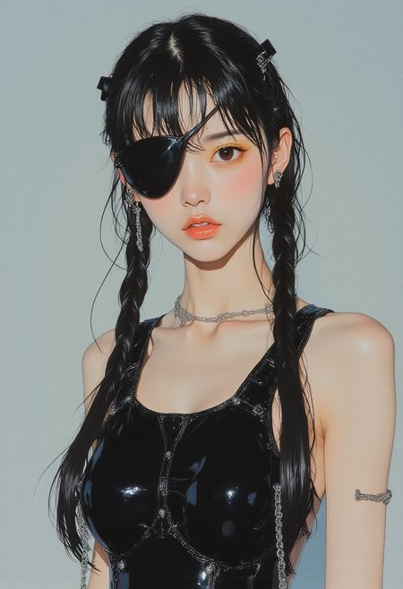 (High Quality, highly detailed, hyper realistic, 8K, masterpiece, Leica M11, 50mm f/1.2 lens, natural bokeh) A high-resolution photograph of an East Asian woman with a futuristic, avant-garde appearance. She has fair skin and long, sleek black hair styled into two wet, glossy braids fastened with small black clips. A black cloth eyepatch, minimal in design but visually impactful, covers both eyes symmetrically, enhancing the fashion-forward look. Her makeup includes vibrant yellow eyeshadow extending slightly beyond the lids despite the patch, complemented by subtle contouring and a natural lip color. She wears a shiny, black latex sleeveless top that fits tightly around her modest frame, embellished with metallic studs and hanging chains, reflecting an edgy, high-tech aesthetic. The background is a plain light gray, ensuring the subject remains the focal point. Soft, diffused lighting from the front and slight top angle enhances gloss on her hair and latex, contributing to depth and form. The image exudes a cinematic, dystopian fashion mood.