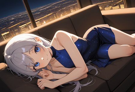 (masterwork,wallpaper, masterpiece, best quality, hyper-detailed, 8k uhd::1.4, very aesthetic, absurdres, newest), 
1girl, anatomically correct, proper proportions, detailed eye,
small slim girl, disheveled silver-haired, blue eyes, blue sleeveless halter high neck long intricate dress, transparent intricate black fabric covering collarbone and upper chest,
laying on cozy sofa, 
happiness, gentle gaze, gentle smile, looking at viewer,
detailed environment, night scene, windows, cityscape, city lights, professional lighting, warm ambient lighting, soft shadows, volumetric lighting, clear composition, solo focus, dynamic angle, high angle shot,