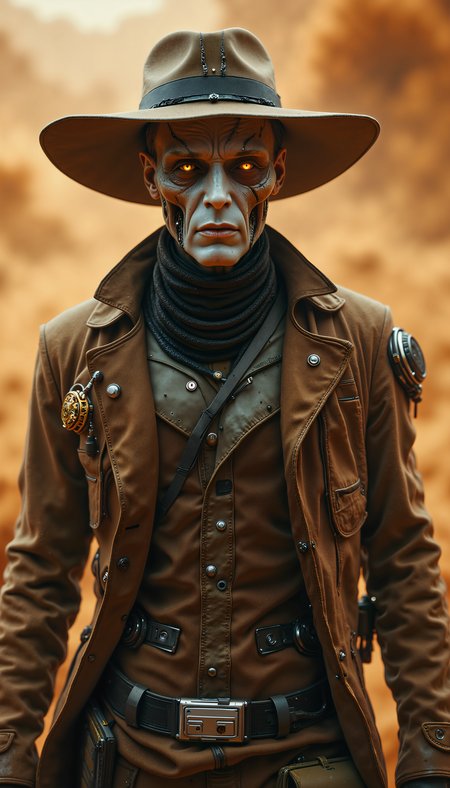 In a haze of swirling orange dust, an alien figure stands front and center, his leathery, pale-blue face partly hidden by a broad, weathered hat. Two metallic tubes connect from his cheeks to a device on his chest, hinting at a specialized breathing apparatus. His narrow, crimson eyes gleam with wary focus above a set of thin, angular lips. A heavy, worn coatâadorned with subtle rank markingsâcovers a utilitarian uniform. Grainy sand clings to every crease, conveying an unforgiving desert environment. Despite the harsh backdrop, he maintains a poised, resolute stance, exuding an aura of controlled menace rooted in both skill and secrecy.