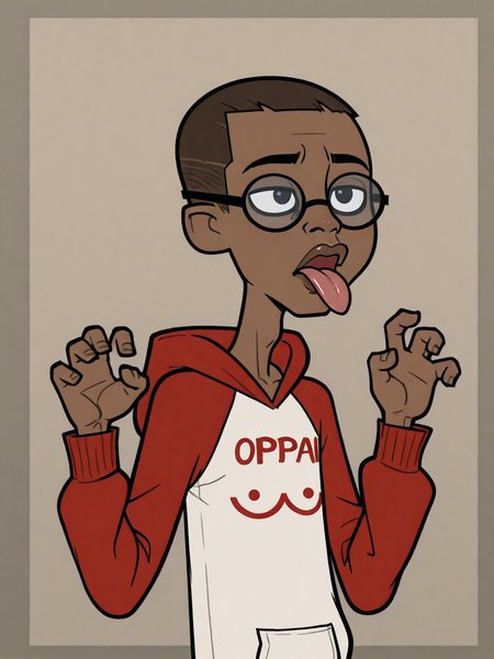 CameronTDROTI, 1boy,solo, dark skinned male, slim, skinny, brown hair shaved in a crewcut, black eyes, black round frame glasses,oppai hoodie, hoodie, raglan sleeves, clothes writing, lips, big lips,claw pose,upper body,stick out tongue,<lora:Cameron:0.8>,<lora:Oppai Hoodie:1.0>