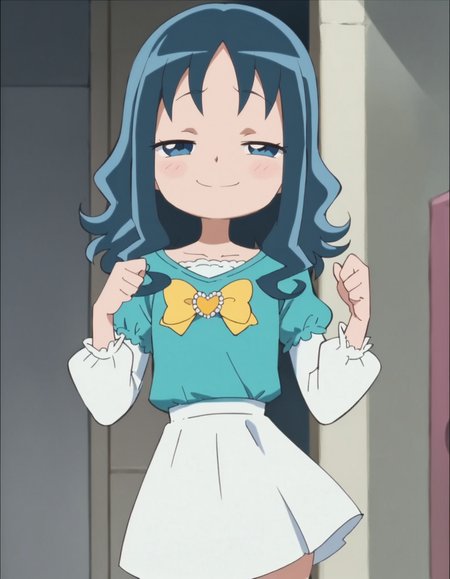 score_9, score_8_up, score_7_up, anime screencap, solo,1girl,kurumierika,heart brooch, blue shirt,white sleeves,white skirt,jewelry,smile,yellow  bow,cowboy shot,small breasts,smug,blush<lora:kurumierika:0.8>