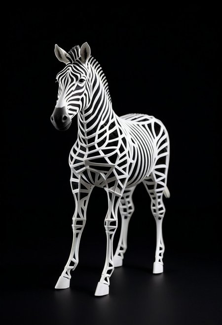 8K analog photo, 3d printed shilver zebra Statue made of Truss Structure, WhiteMold, Walking, dark background, minimalist,