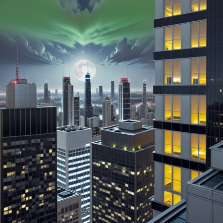 Night, view around window of upper floor skyscraper. dark- cloud lumened by city, bright moon, dark-green gradient sky, sky scrapers with white frequent square windows; shades of skyscraper windows: dark, The roofs of skyscrapers are dark squares or illuminated with a dim white border,