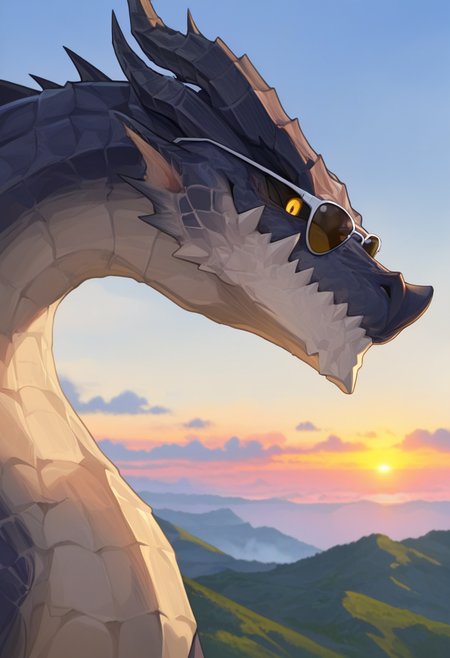 <lora:MH_Fatalis_a1_1_NoobXL-eps:1>,<lora:EatSleep1111StyleSDXL11:0.7>,<lora:merrytailSDXLstyle:0.3>,eatsleep1111,merrytail,masterpiece,best quality,amazing quality,high quality,very aesthetic,absurdres,newest,shaded,digital media \(artwork\),depth of field,solo,mhftls,feral,detailed background,yellow eyes,black sclera,sunrise,side view,headshot portrait,sunglasses,