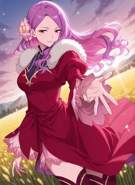 <lora:Hua_Jin__Battle_Through_the_Heavens__Illustrious:1>
1 girl, solo, red eyes, purple hair, pink hair, long hair, red dress, hair ornament, 
fur trim, lipstick, hair flower, thigh boots, 
score_9, score_8_up, score_7_up, very aesthetic, source_anime, detailed, high quality, beautiful, masterpiece, detailed eyes, field, blurry background, pose dynamic angle, upper body, cowboy shot, light smile, looking back, reaching out, floating hair