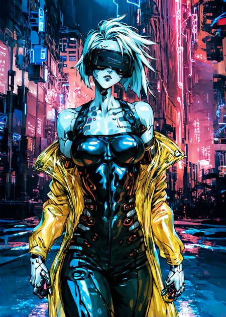 nahiri, short tomboy hair, clear raincoat, cyberpunk, wearing a vr headset, shiny skin, walking in a cyberpunk dystopian city at night in the poruing rain, illuminated by neon lights  <lora:masamune shirow_pony:1> solo, 1girl, cyborg,  <lora:NAHIRI:1>, 1girl, solo, short hair, breasts, bare shoulders, white hair, colored skin, white skin steamy body,, source_anime, score_9_up,  score_7_up, score_8_up
