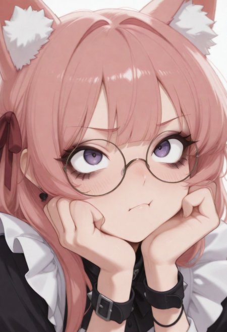 1girl, CivChan, solo, animal ears, animal_ear_fluff, (red fluff:1.3), round eyewear, glasses, blunt bangs, blush, skull cameo accents, pale skin, smoky eyeshadow, black eyeliner, doll-like blush, bracelet, earrings, hair ribbon, red ribbon, long hair, pink hair, purple eyes, punk, spikes, collar
BREAK
(close-up:1.4), pout, :t, looking up at viewer, eyelashes, bags under eyes
BREAK
<lora:GUXLlokr8f:0.32>, masterpiece, best quality, very aesthetic, underlightling, white background, simple background,<lora:cgel-style-richy-v1_ixl:1>