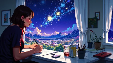 a cartoonist making a drawing beautiful  landscape, bright luminous starry night, woman, very intricate, very detailed, sharp, bright, colorful, <lora:Hand v2:0.5> <lora:Anti-Blur:1><lora:Insane Detail Slider:0.25>  <lora:flux.1_lora_flyway_Epic-detail_v2:0.3> <lora:fluxenhancer:0.25> <lora:ROWER:0.8> <lora:realanime:0.6>
