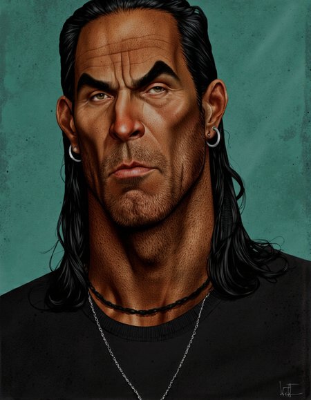 Art by Jean-Baptiste Vendamme. A digital illustration shoot from a portrait angle about a stylized portrait of a man with a serious expression, featuring exaggerated features and bold lines. the image also shows a dark-skinned man with long black hair, wearing a black t-shirt and a silver necklace. on the middle of the image, a middle-aged man appears to be looking at the viewer with a stern expression, his eyes are wide open and his mouth is slightly closed. he has a thick eyebrows, a prominent nose, and a thick beard. his hair is styled in a long hair style, and his facial features are detailed and realistic with a blend of light and dark colors. he is wearing a pair of silver hoop earrings on his ears and a black choker around his neck. the background is a solid teal color with a grungy texture, and the artist's signature is visible in the bottom right corner.