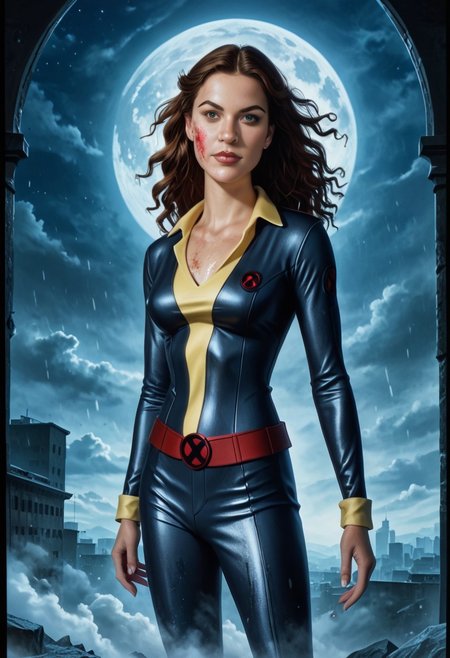 Ultra detailed digital art masterpiece, Hyperdetailed, hyperrealism, extremely high resolution of Beautiful Superheroine Kitty Pryde, Greg Rutkowski style, stands in a bloody, sinister battle in the streets of a ruined city, Realistic brown eyes, wavy long brown hair, Intricately designed blue and yellow X-Men Superheroine combat costume with X logo, Marvel, X-Men, 8K, deep color, Cinematic Lighting, intricate smooth, sharp focus digital painting, Artgerm, WLOP, Greg Rutkowski, Beautiful Kitty Pryde, wavy hair, Intricately Designed handsome white pale face, Marvel comics, Realistic combat dirty clothing, perfect whole athletic body, defiant and seductive, Photograph Taken on Nikon D750, Intricate Elegant, Digital Illustration, Scenic, Unreal Engine, CryEngine, Octane Render, 8k, Designed combat clothes, Attractive, Attractive woman, dramatic lighting, wet and sweaty skin, beautiful firm Breasts, Daylight, Concept art by Greg Rutkowski, adding to the intense and dynamic atmosphere of the scene