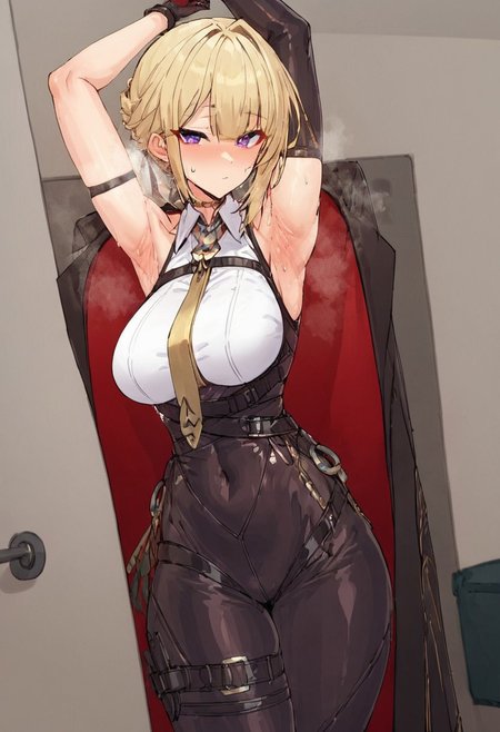 score_9,score_8_up,score_7_up, 1girl, Evelyn_ZZZ, medium breasts, blonde hair, black gloves, breasts, purple eyes, jewelry, necktie, jacket, looking at viewer, tight dress, indoors, short dress, covered navel, tight clothes, taut dress, taut clothes, bare shoulders, open clothes, curvy, standing, collarbone, cowboy shot, thick thighs, sleeveless dress, doorway, door, arm above head, armpit crease, armpits, arms up, sweat, sweatdrop, steam,