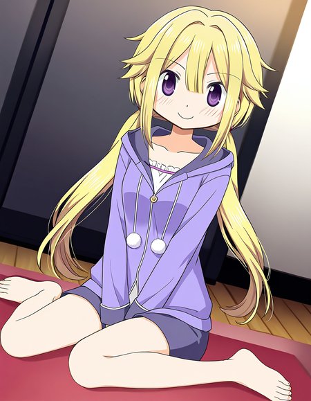 masterpiece, best quality, newest, absurdres, highres, safe, 1girl, mitsuki felicia \(pajamas costume\), magia record: mahou shoujo madoka magica gaiden, shorts, solo, wariza, indoors, dutch angle, <lora:mitsuki_felicia_noobaiXLNAIXL_vPred10Version:0.7>