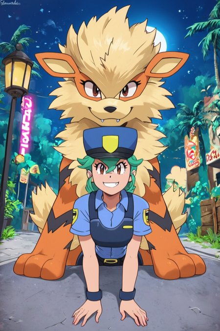 score_9, score_8_up, score_8, medium breasts, (curvy), cute, eyelashes,      ,,,  zzJenny, brown eyes, hair between eyes, green hair, long hair, ponytail, short hair, police uniform, policewoman, shirt, police hat, blue shirt, collared shirt, black pants, arcanine, fiery mane, dog, loyal companion, standing together, protective pose, fierce expression, uniform details, canine hero, action pose, city background, police station, street lights, night scene, dramatic lighting, teamwork  <lora:JennySunMoonPDXL:1.0>,   zzArcanine, <lora:Arcanine_Pokemon_PDXL:0.8>,  ,,, smile, looking at viewer,  ,,, embedding:zPDXL, Expressiveh, <lora:SDXLFaeTastic2400:0.5>,  <lora:Expressive_H-000001:0.4>,