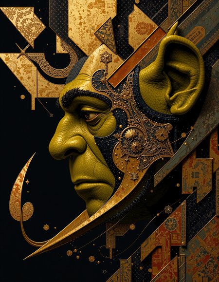 A captivating and vibrant portrait of a Shrek's profile, boldly rendered with overlapping layers of dynamic, geometric patterns inspired by Art Deco.  Intricate, gold-edged vintage stamps, some appearing slightly distressed, are layered over a base of deep blacks.  Abstract brushstrokes of gold and deep ochre create a sense of motion and depth, with Shrek's face partially obscured by the dynamic design.  His cheek, sculpted with sharp angles, is just visible, emerging from the overlapping patterns.  The strong contrast between the rich blacks and shimmering gold evokes a feeling of getting out of his swamp.  The textured surface of the stamps suggests the tactile quality of aged paper and ink, subtly echoing the smooth, almost metallic sheen of the gold accents.  The bold colors and intricate patterns create a powerful, modern composition, inviting the viewer to dissect each element and trace the interplay of lines and shapes, while the hidden face conveys a sense of mystery and inner resilience.  The painting's overall energy is palpable, demanding attention and encouraging exploration of its hidden stories and adventures.  <lora:flux.1_lora_flyway_Epic-detail_v2:0.8> <lora:Elden_Ring_-_Yoshitaka_Amano:0.5>