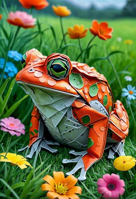 Full body illustration of ultra realistic very detailed cute orange red toad with big green very detailed dreamy cosmic eyes hiding in a very realistic very detailed colorful field of flowers in a realistic very detailed meadow, realistic very detailed grass, realistic very detailed trees, highest contrast, masterpiece, 32k, high contrast, vibrant colors, vivid colors, high resolution textures, crisp colors, ultra sharp, sharp focus, <lora:xl_more_art-full_v1:0.28>,
 <lora:add-detail-xl:1>,
 <lora:WildcardX-XL-Detail-Enhancer:0.7>  ,
 <lora:ral-vltne:0.8>