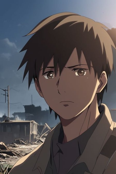 high resolution, solo, best quality, 1Boy, Takaki Toono, Brownish Hair, Brown Eyes, shallow depth of field, Post-Apocalyptic, survival, OverallDetail