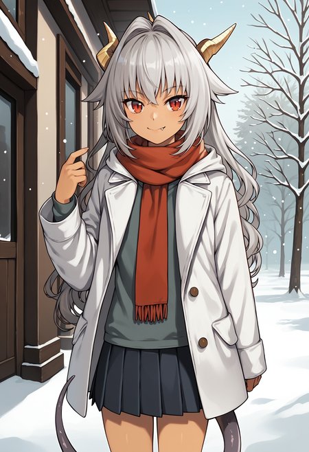score_9, score_8_up, score_7_up, score_6_up, score_5_up, score_4_up, BREAK, dark-skinned female, fang, winter, outdoors, smile, closed mouth, 
<lora:ursulav1:1>, ursulaek, grey hair, red eyes, dragon horns, tail, long hair, hair intakes, 
white coat, scarf, pleated skirt,
