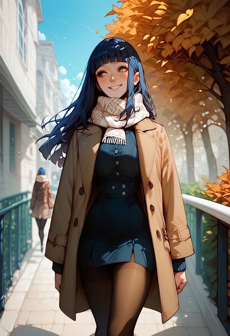 score_9, score_8_up, score_7_up, score_6_up, score_5_up, score_4_up, 1girl, (score_9, score_8_up:1.1),((( long straight hair,1,5))), (dark blue hair:1.5), blunt bangs, (green eyes), voluptuous, pale skin, white pale skin,shy smile ,HD32k, brown coat, scarf, pantyhose, walking, autumn scenario, cloudy, grey sky, cowboy shot, Dutch angle