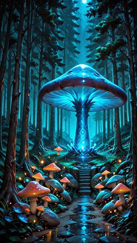 scenery, no humans, dense forest, glowing blue flower, giant mushroom, fireflies, misty pathway, moonlight beams, fantasy scenery, magical ambiance
SmoothNoob_Quality