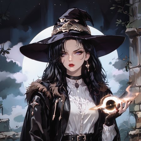 score_9, score_8_up, score_7_up, score_6_up, score_5_up, score_4_up, source_anime,  BREAK vintage, 1990s \(style\), solo, 1girl, yennefer of vengerberg,  black hole, black hole in hand, holding black hole, pale skin, (medival clothes:1.4), black long sleeves gloves, white blouse, black leather jacket, (black fur trim), witch black hat, choker black hair, long hair, lipstick, purple eyes, red lips, makeup,  night, night sky, (starfall), <lora:yannefer_xl_v1:1>,  <lora:OldAnimeStyle_XL_v3:0.8>,  <lora:Bh:0.8>