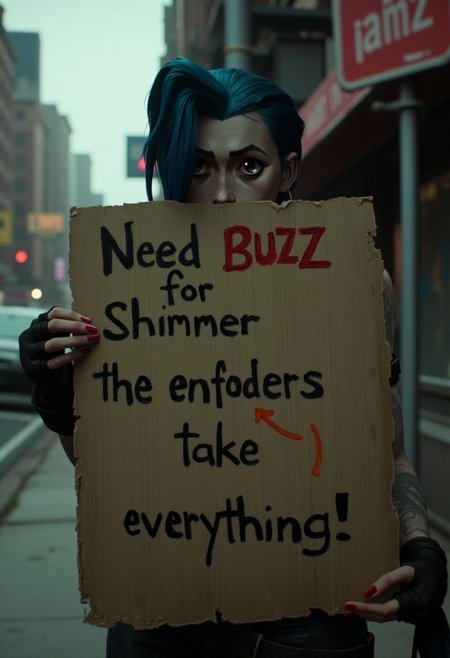 <lora:jinx-arcane-league-of-legends-season-1-v2:1>
A closeup of jinx from arcane holding an old  cardboard sign jinx is wearing an old tattered t-shirt. Jinx is standing on a street corner in a cyberpunk dystopian new york. Jinx is sad and smoldering.  The sign is dark brown, damp, torn at the edges, and made of old cardboard.  There is a scribbled marker drawing of a transparent orange lightning bolt on the sign. The sign states "Need BUZZ for Shimmer the enforcers took everything!" written in black faded marker.  The capitalized words are black outlined with red faded marker. The words on the sign are transparent and handwritten and scribbly.