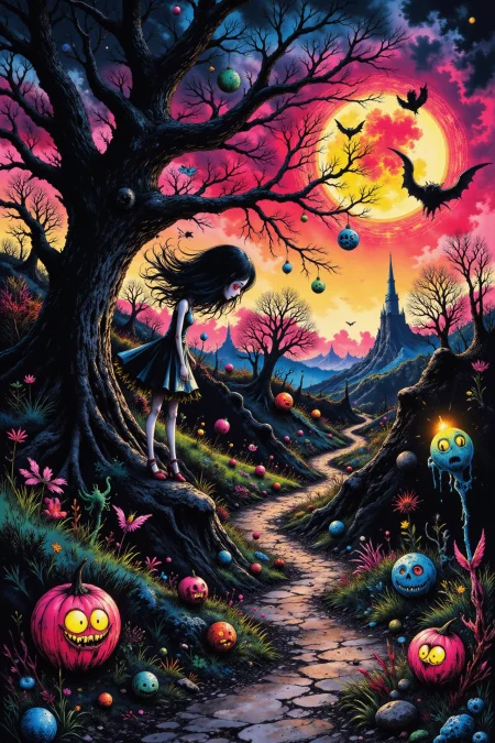 a haunted doll anime landscape, early morning, woman, very intricate, very detailed, sharp, bright, colorful, <lora:Hand v2:0.5> <lora:Anti-Blur:1><lora:Insane Detail Slider:0.25>  <lora:flux.1_lora_flyway_Epic-detail_v2:0.3> <lora:fluxenhancer:0.25> <lora:ROWER:0.6> <lora:flux-charmer-v1-1:0.4>  <lora:Crazy_Horror:1> cr3z1h0rr0r