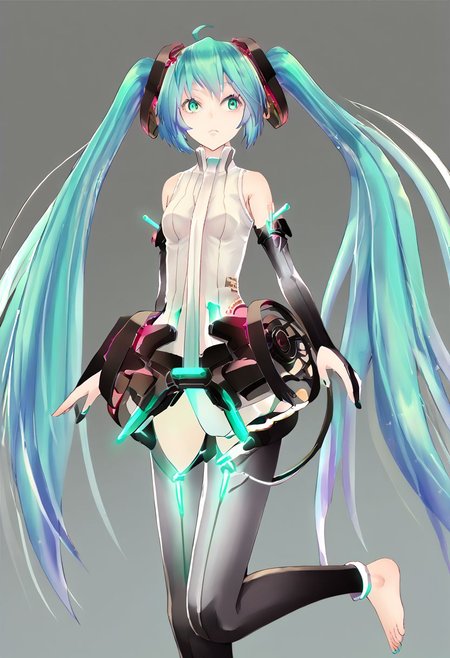 score_9, score_8_up, score_7_up, score_6_up, score_5_up, score_4_up, source_anime, 1girl, 
mikutda, hatsune_miku, hatsune_miku_\(append\), appendmiku, twintails, vocaloid_append, long_hair, ahoge, aqua_hair, aqua_eyes, bridal_gauntlets, sleeveless_shirt, center_opening, necktie, elbow_gloves, fingerless_gloves, belt, thighhighs, toeless_legwear, 
masterpiece, best quality, very aesthetic, absurdres,