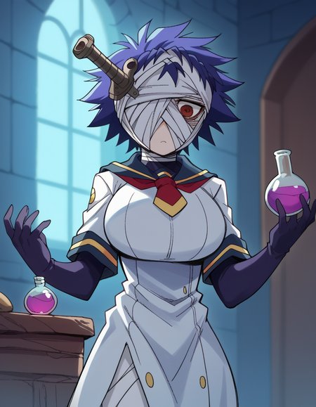 score_9, score_8_up, score_7_up, source_anime, <lora:youka-naze-s2-ponyxl-lora-nochekaiser:1>, youka naze, short hair, large breasts, red eyes, blue hair, bandages, bandage over one eye, <lora:wizard-ponyxl-lora-nochekaiser:1>, wizard, wizard hat, robe, dress, long sleeves, gloves,, indoors, bricks, potion, flask, vial,, cowboy shot,, , dutch angle, cowboy shot