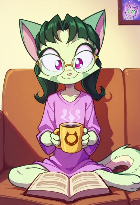 Dreamkeepers,1girl,prelude_lilith,solo,furry,tail,green hair, source_furry,glasses,magenta eyes,
child, kid,
 solo, living room, long  hair, , oversized  shirt, large t-shirt,  sitting, reading book, holding steaming coffee mug, relaxed smile, cute, cat, cozy,
t4kar4i_illu, no_outlines, no lineart,
masterpiece, best quality, absurdres, [dynamic pose]