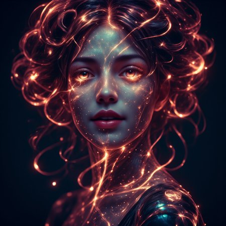 A gorgeous woman's face,her hair transforms into a glowing magical delight,she's smiling proudly,seemingly made of stars,gothic,ruby red lips,seductive,witch,dramatic,raw photo,cosmos,
<lora:ImageUpgraderV2:0.6>,<lora:aidmaGLOWV4wc:0.6>,<lora:aidmaBokeh:0.3>,<lora:Aura_Flux:0.4>,<lora:Dreamwave_FLUX:0.4>,<lora:FluxDFaeTasticDetails:0.4>,<lora:Flux_-_Renaissance_art_style:0.5>,<lora:DonMM4g1cFX:0.3>,<lora:abstract_render_flux:0.2>,<lora:FL-bailing-24-0824lightning:0.5>,<lora:Detailer2K:0.4>,<lora:Dever_Flux_Enhancer:0.4>,<lora:Flux_spirals_of_light:0.6>,<lora:dreamlands_flux:0.6>,
