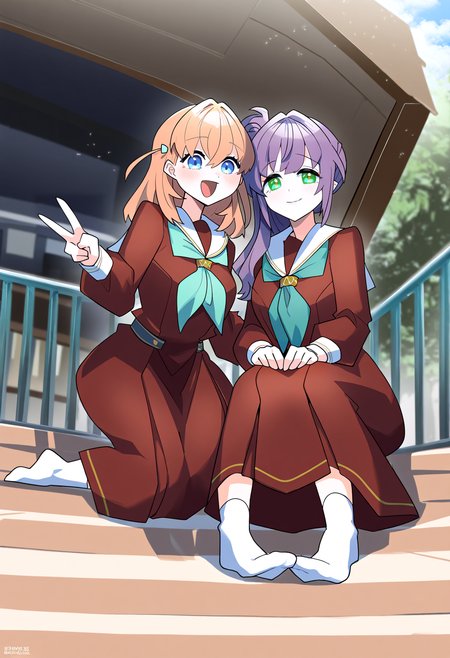 very awa, masterpiece, best quality, year 2024, newest, highres, absurdres, <lora:age_slider_v4:3> <lora:thicc_v1.4-pony:1.2>,detailed_background,outdoors,virtual youtuber,white sailor collar,sitting,hasu no sora school uniform,sidelocks,zanyo \(love live!\),socks,brown dress,v-shaped eyebrows,2girls,sailor collar,link! like! love live!,hinoshita kaho,side ponytail,otomune kozue,aqua eyes,orange hair,dress,pet shaming,winter uniform,kanduki kamibukuro,long hair,aqua neckerchief,sweat,multiple girls,school uniform,love live!,seiza,crossed bangs,cerise bouquet,sailor dress,:d,no shoes,long sleeves,medium hair,single side bun,purple hair,full body,highres,open mouth,smile,hands on lap,two side up,hair bun,blush,neckerchief,v,green eyes,white socks