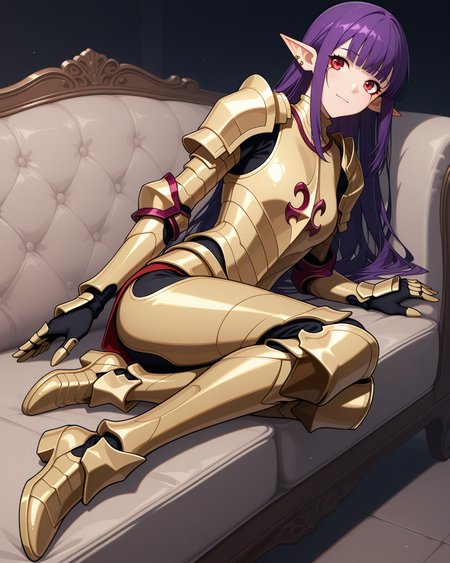 (golden armor armored boots:1.50), 
sl-esil, red eyes, purple hair, blunt bangs, ear rings, ear piercings
medium breasts, 1girl, (solo:0.60), (skinny:0.8),
(masterpiece, highres, ultra-detailed,very aesthetic, best quality, absurdres, high quality, highres), 
light smile,
full body,
(feet:1.40), 
BREAK,
couch,
,
long hair sidelocks
<lora:sl-esil-V03-illXL-000002:0.90>