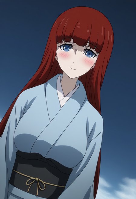 rating_safe, Ultra-high-detailed Anime illustration of Kagari Shiina from Anime Steins;Gate 0. The artwork features Kagari in a solo, standing position with a outdoors, flield and background, background in the sky. night time. night.
She is depicted with intricate details showcasing her large breasts, natural_breasts. She is a white skinned, 22 years old woman. Kagari is looking_at_viewer with perfect_eyes, Her pupils are highly detailed. The eyes are open. blue eyes. Kagari's eyes are highlighted. Highlighted eyevrows. 
She has long hair, red colored hair, styled in blunt bangs and floating hair.
She is wearing a blue kimono and black shoes. japanese kimono, kimono.
The artistic style is intricate_details_xl with a focus on Anime art. The color palette emphasizes red and black with detailed strokes to bring out the character's features. The lighting creates dramatic shadows and highlights, adding depth to the artwork. The perspective is from a face focus, dutch angle to enhance the impact of the character's expression. This masterpiece is a true portrayal of Kagari's complex personality and will captivate any fan of Kagari. uncensored, upper body, blushing, smile, Kagari Shiina,
perfecteyes,
<lora:Steins_Gate:1>
kimono
happy new year!