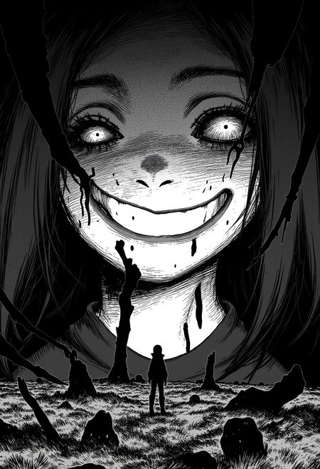 nistyle, monochrome manga sketch of an eerie smiling womans head closeup with multiple eyes infront en eerie mystery landscape, motion lines, halloween themed, wide grin, Missing tooth,