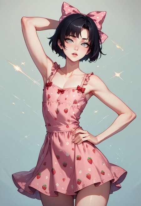 score_9, score_8_up, score_7_up, 1boy, femboy, otoko no ko, short hair, bob cut hair, black hair, grey eyes, gray eyes, feminine face, toned body, Shelly, 
strawberry-print sundress, hair bow,
highly detailed, intricate, zzCitronCAT, contrapposto, one hand on hip, one arm up, modelshoot, cowboy shot