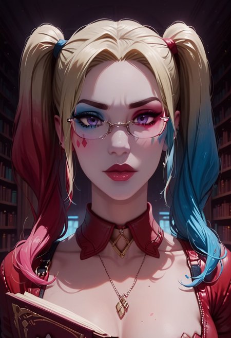 score_9, score_8_up, score_7_up, score_6_up, score_5_up, score_4_up score_9,score_8_up, ( masterpiece, intricate:1.3), (best quality, hires textures, high detail:1.2), (4k),(incredibly detailed:1.4), digital art, Harley Quin, two tone hair, twin tails, female portrait, realistic illustration, Expressiveh, g0thicPXL, glowing, neon, slimes_rize, purple eyes, long hair, red glasses, elegant body, turtle neck sweater, black pants, glasses, posing, looking at viewer, unique angle, indoors, library background, reading book, looking at book, serious expression, thinking expression, high-resolution, detailed texture, emotional depth, dramatic mood, serene atmosphere, cinematic lighting,