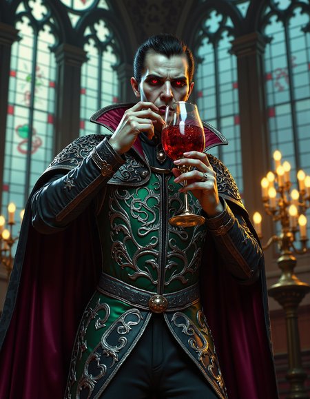zavy-vmpr, Close-up shot from a low angle, an elegant vampire in ornate medieval armor adorned with intricate silver filigree, gracefully sipping from a crystal goblet filled with crimson liquid, surrounded by a dimly lit grand hall with towering stained glass windows and flickering candlelight, capturing the ethereal glow reminiscent of a Baroque painting, rich jewel tones of emerald and deep burgundy interspersed with glimmers of gold and azure.