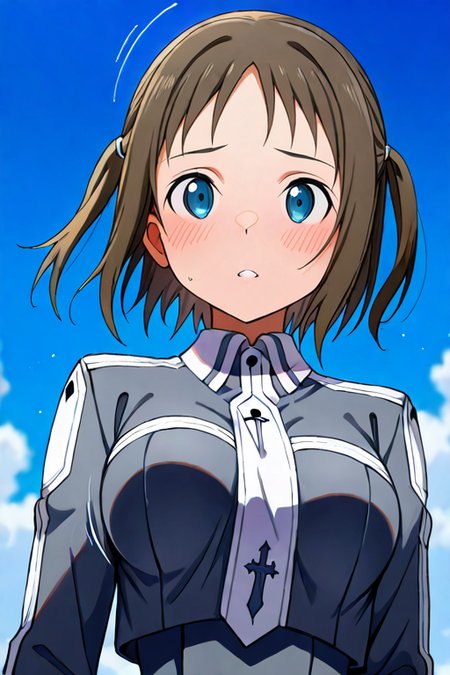 masterpiece, High quality, Ultra detailed, 2d, newest, absurdres, highres, BREAK
1girl, solo, <lora:ronye_arabel:0.8>, ronye_arabel_(sword_art_online), short hair, brown hair, two side up, blue eyes, 
medium breasts, ronyeDef, long sleeves, school uniform, grey jacket, necktie, upper body, 
bouncing breasts, unaligned breasts, motion blur, motion lines, blush, looking at viewer,