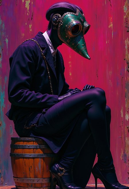 magenta himecut, wearing a g
Guy Fawks mask, black dress with white collar, black stockings, high heels,sitting on a wooden barrel with her legs,pink grunge, profile, surrealism, pencils, erotic art, fashion illustration alexandr mcqueen, grimey purple and moss green background, vivid colors, filigrie, photorealistic rendering, beautiful face, mody chiaroscuro lighting