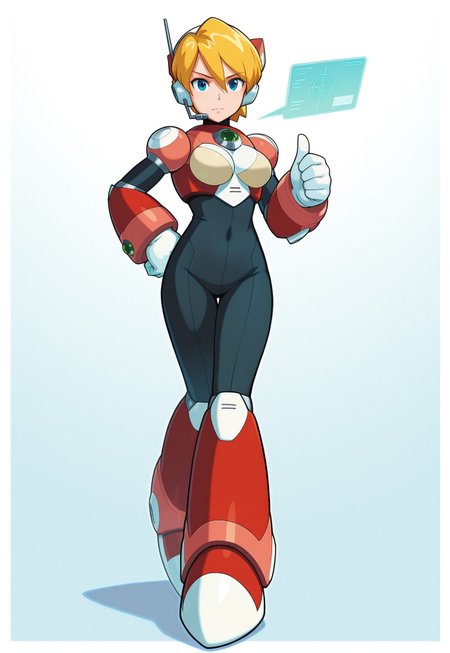 Masterpiece, best quality, 1girl, solo, android, blonde hair, bangs, hair between eyes, blue eyes, robot ears, breasts, MMX5, headset, short hair, hair bun, red armor, red boots, white gloves, black bodysuit, signal, hand on hip, dynamic pose,  thumbs up, Harusuee, futuristic, communications center, hologram,  