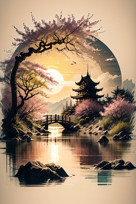 <lora:Calligraphy-ink-style-darquelilly-v1:1> calligraphyinkstyle, sunlight, midday sun, summer, volumetric lighting, sunshine reflected in the water, black background, peaceful atmosphere, detail colour is yellow, a cherry blossom tree, blooming flowers