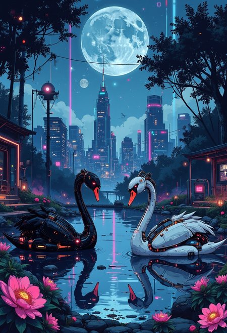 A digital artwork in the style of cknc. In a serene, glassy pond surrounded by holographic blossoms, a black cyborg swan on the left and a white cyborg swan on the right rest in opposing positions. Their sleek bodies with luminescent metal plumage are blending mechanical precision and natural grace. The distant full moon above casts long beams of radiant pale blue and soft purples across the scene, highlighting the intricate details of the swan’s cybernetic enhancements. In the distance, a futuristic city stretches towards the horizon, its high-rises reflecting the starry night sky’s fading colors. As the swans move, the gentle ripples in the pond create a mesmerizing dance of light, evoking a sense of peace and wonder in this sci-fi paradise. anime  studio concept art