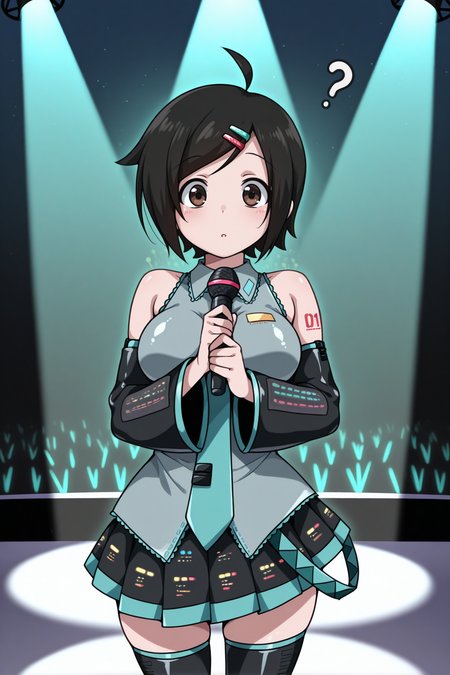 masterpiece, best quality, 1girl, solo, <lora:sakuraitomoko-illu-nvwls-v1-000006:1> sktmko, black hair, short hair, brown eyes, ahoge, hairclip, large breasts, hatsune miku \(cosplay\), holding microphone, stage, spotlight, night sky, looking at viewer, confused