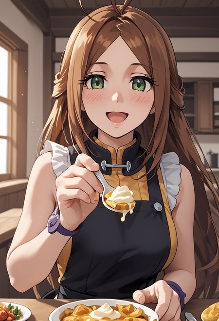 score_4,score_5,score_6,score_7_up,score_8_up,score_9 ((masterpiece,best quality,ultra detailed,highres,HD,4k:1.2)), 
1girl, solo,solo focus,girl focus,face focus,
(Normal), very long hair,brown hair,antenna hair,green eyes,large breast,
Apron, sleeveless, exposed arms, exposed shoulders,, frilly aprons, 
upper body,
pov,feeding,looking at viewer,feeding, food,incoming food,holding spoon, 
looking at viewer,blush,shy,smile,,open mouth,