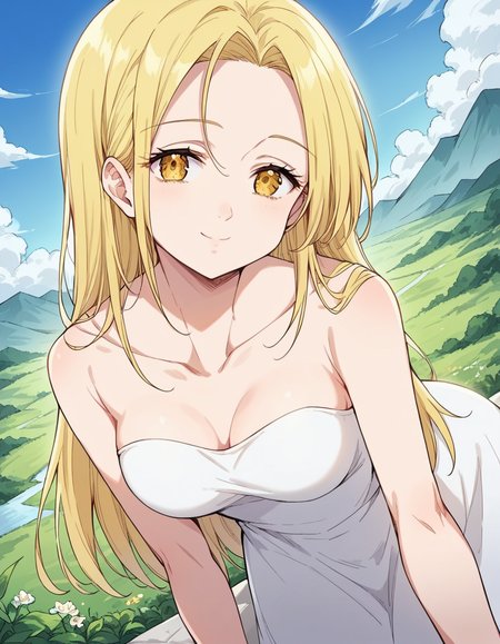 score_9, score_8_up, score_7_up, source_anime, <lora:nanatsu-elaine-s2s3-ponyxl-lora-nochekaiser:1>, elaine, long hair, blonde hair, yellow eyes,, dress, white dress, collarbone, bare shoulders, sun dress,, landscape, bent over, smile, looking at viewer, solo,, cowboy shot, dutch angle